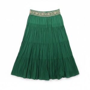 BCBGMAXAZRIA Maxi Skirt Embellished Waistband Tiered Green Cotton Size M
